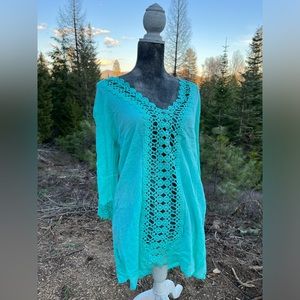Teal beach cover up or light linen dress. Embroidered lace detailing.
